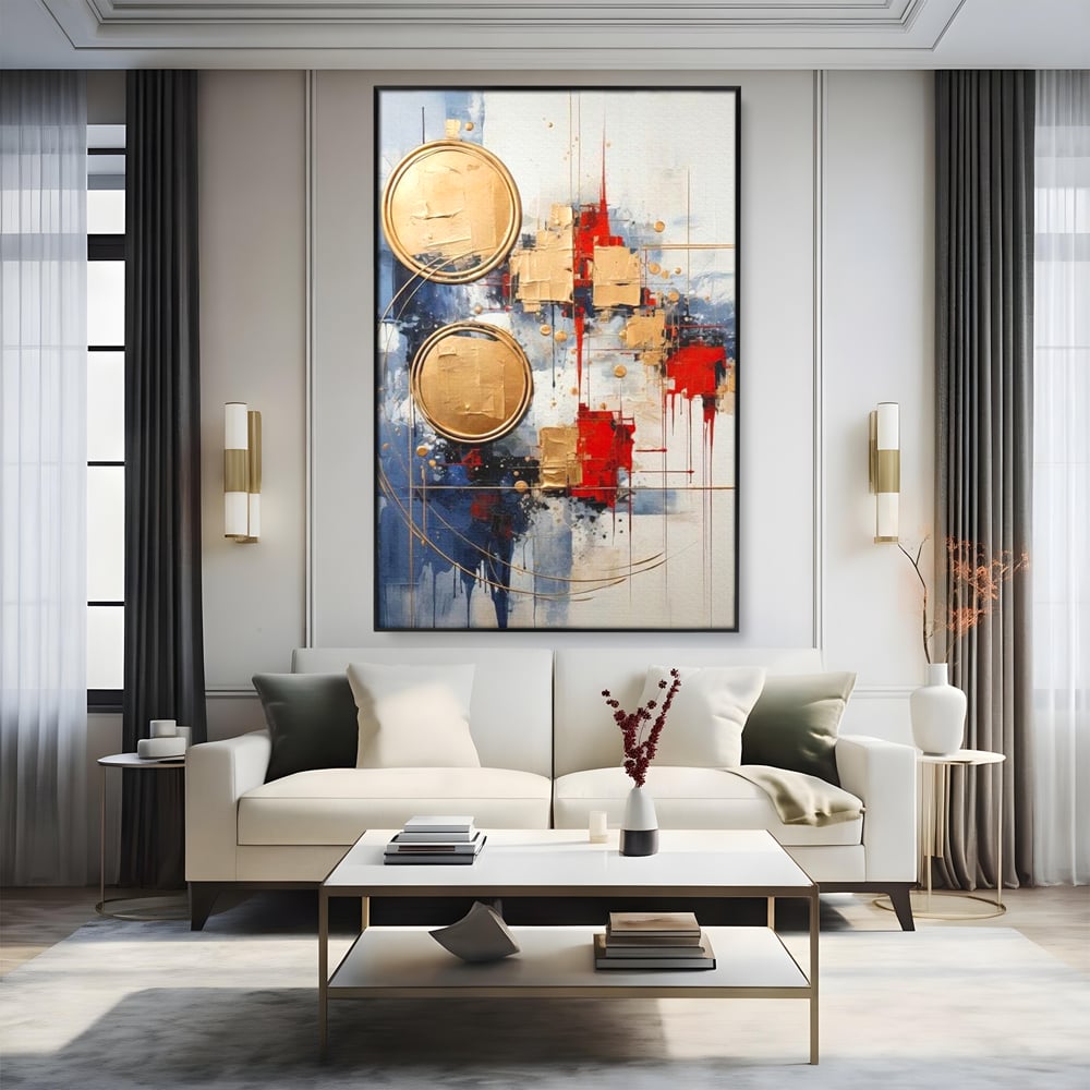 Tablou canvas cu tablou abstract cu cercuri aurii, in rama de aluminiu negru, pe perete intr-un living